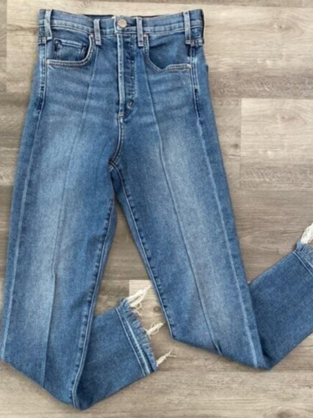 McGuire Denim USA Made Damn Fine Jeans Button Fly Blue Raw Hem Pleat Seam Sz 24